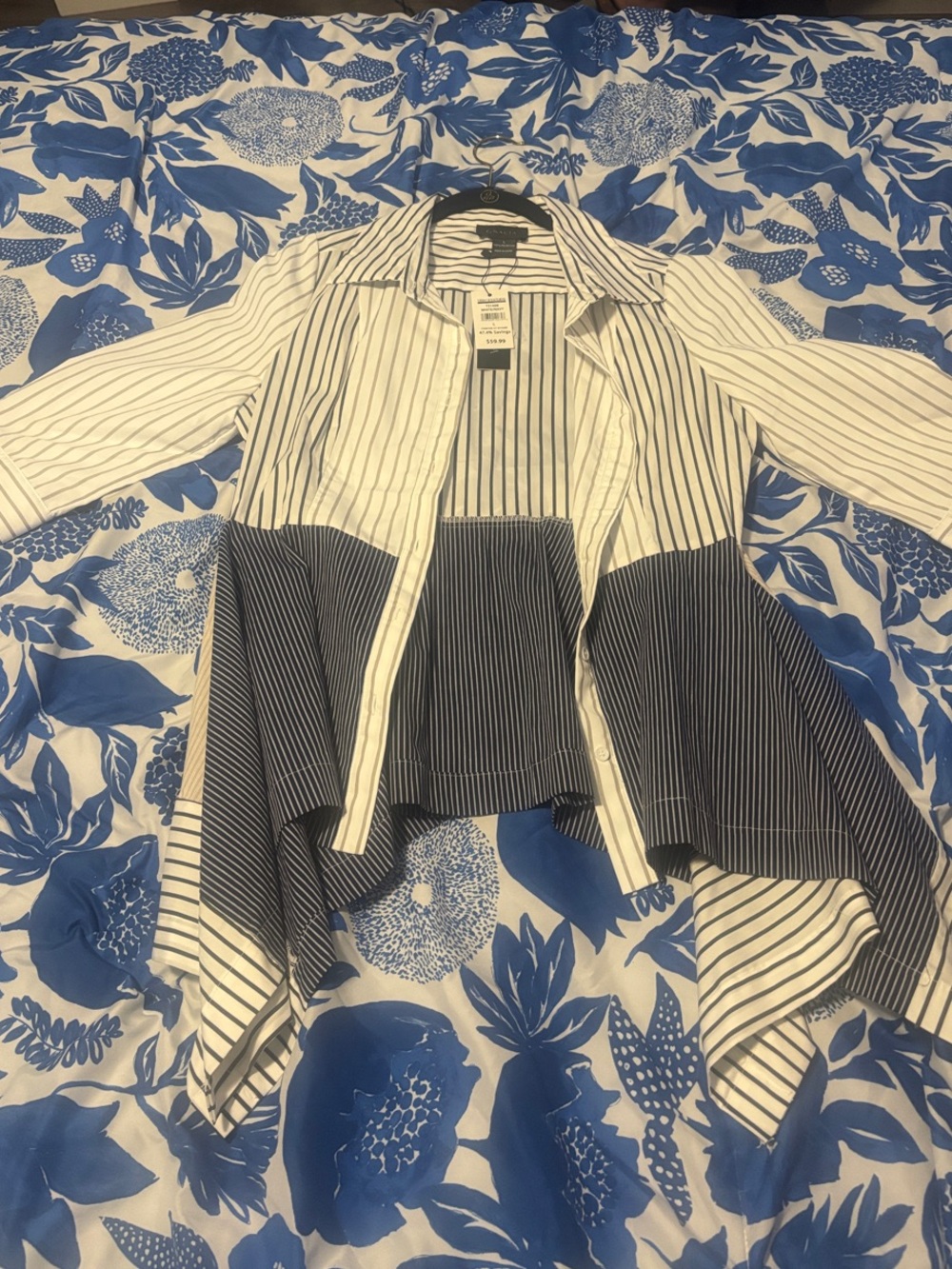 Gracia White Shirt with Navy Pinstripes